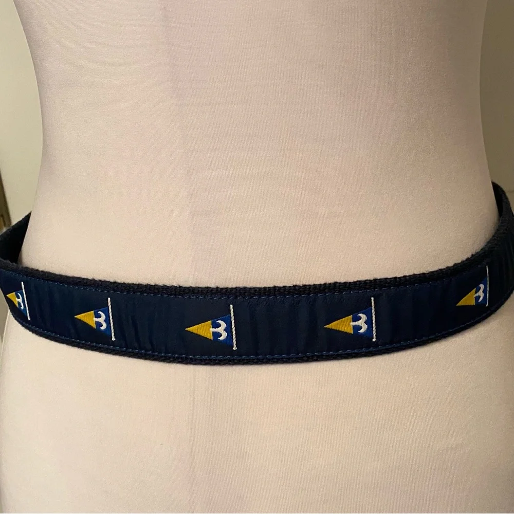 LEATHER MAN MENS BELT BLUE NAUTICAL FLAGS BROWN TAN Size 30 BRASS BUCKLE USA